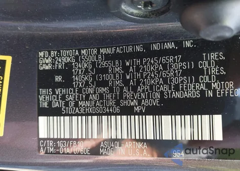 2013 Toyota Highlander from USA, damaged, VIN 5TDZA3EHXDS034406